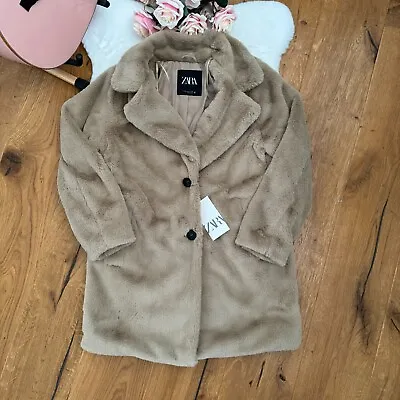 ZARA FAUX FUR COAT CARAMEL LAPEL COLLAR NEW FW24 Size L Large 6318/253 • $74.51