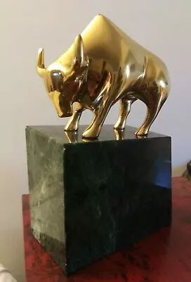 Vintage Brass BULL On Marble Stand Bookend Figure Wall Street Stock Broker • $59.99