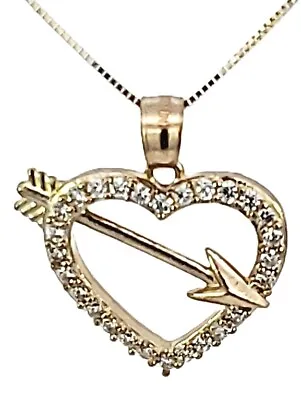 10k Real Solid Gold Simple Arrow In Heart Cz Charm/Pendant With Box Chain • $219.89