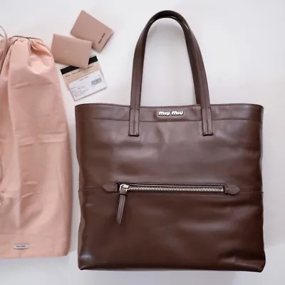 MIU MIU Vitello Soft Leather Shopping Tote Bag In Bruciato Brown • $599