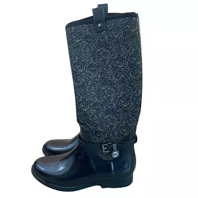 Michael Kors Rain Boots Womens 7 Charm Stretch Tall Black Waterproof Neoprene • $54.99