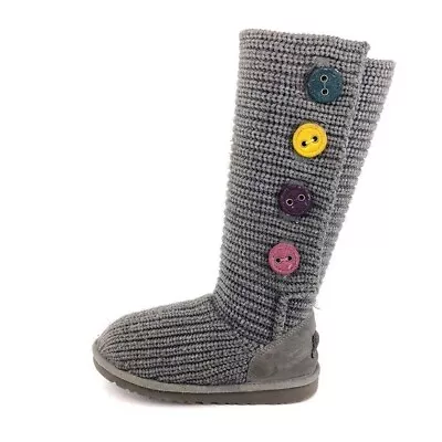 UGG Cardy II Tall Knit Winter Boots Kids Youth Size 3 EUR 33 Gray Acrylic Button • $45