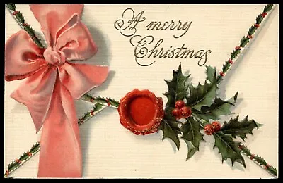 Vintage Christmas Postcard Embossed Divided Back Mistletoe Pink Bow • £4.78