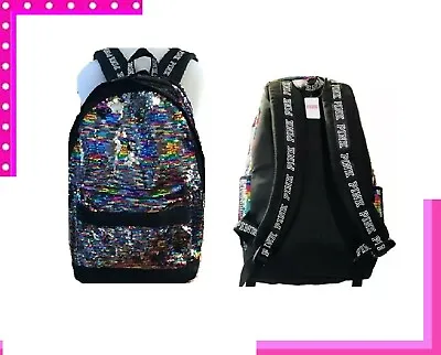 BLING Victoria Secret Pink RAINBOW BLACK CAMPUS BACKPACK BOOK BAG CARRYON TRAVEL • $59.99