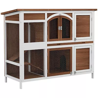 PawHut Two-Tier Wooden Rabbit Hutch W/ Openable Roof Slide-Out Tray Ramp • £124.99