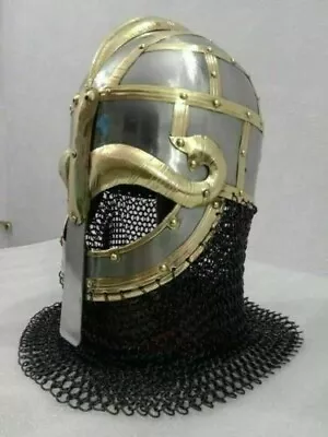 Medieval Historical War Helmet In Steel And Brass Finish With Chainmail Curtain. • $150