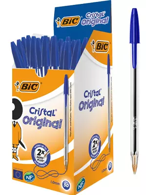 BIC Cristal Ballpoint Pens Medium 1.0mm Blue Ink Writing Office School Pack 50 • £9.99