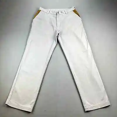 Vintage Orvis Pants Mens 34 Cream Chino Leather Suede Trim Straight Leg Outdoor • $23.99