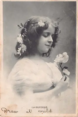 Postcard - Edwardian Glamour - Girl In White With A Rose - French • £2.99