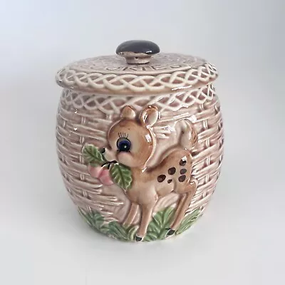 Vintage Fawn Deer Bambi Bamboo Cookie Jar With Lid Cracks Lefton • $35