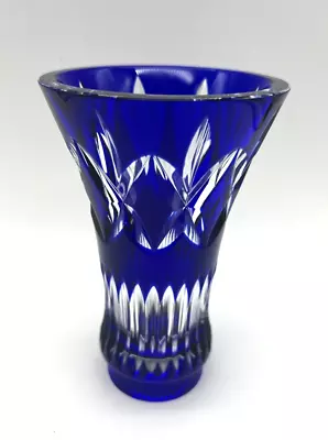 Val St Lambert Crystal Cobalt Blue Cut To Clear Vase Belgium 5.75  T Signed • $129.50