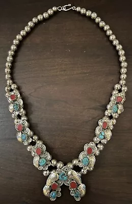 Vintage Native American Sterling Silver Coral Turquoise Necklace. • $450