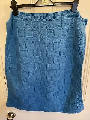 Square Design Hand Knitted Cot/ Baby Blanket Teal Soft And Warm New Approx 22” • £4