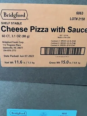 Bridgford MRE Cheese Pizza Entree Ready To Eat 1 Case 60ct Best By 06/2025 • $179.99