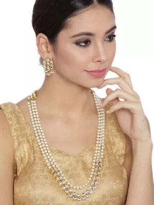 Gold Indian Pakistani Jewellery Set Sheesha Kundan Pearl Long Necklace Earrings • $32.29