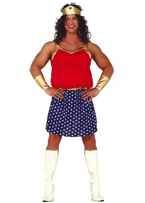 Mens Funny Drag Superhero Fat Adult Fancy Dress Costume Black Gold & Blue • £18.99