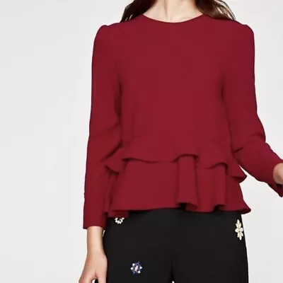 Zara Peplum Ruffled Top Blouse Maroon Red Medium M • £9.50