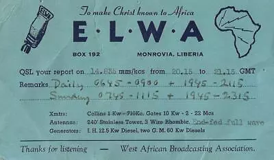 1955 QSL: ELWA West African Broadcasting Association Monrovia Liberia • $5