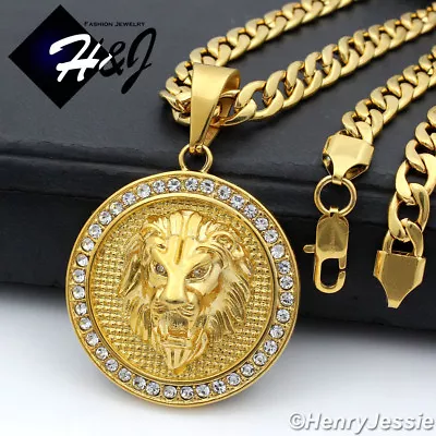 24 MEN Stainless Steel 6mm Gold Plated Cuban Chain CZ Lion Round Pendant*GP109 • $25.99