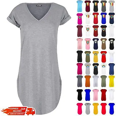 Womens Ladies Plain Curved Hem Oversized Turn Up Sleeve Oversized T-Shirt Dress • £4.49