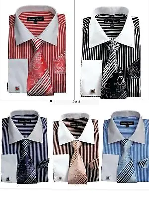  Men's Dress Shirt With Tie + Handkerchief French Cuff Links Striped  FL631 • $24.22