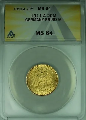 1911-A Germany-Prussia 20M Mark Gold Coin ANACS MS-64 • $2793