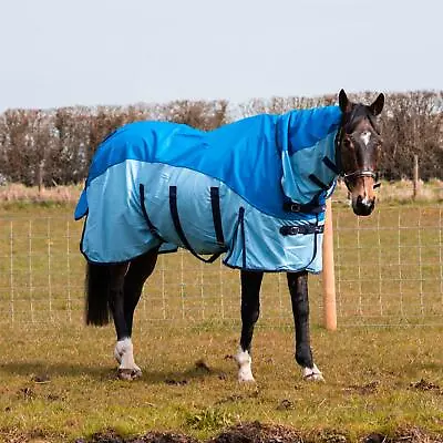 600D 2 1 In Waterproof Fly Turnout Mesh Horse Rug Fixed Neck 2 Blue's 5'6-6'9 • £30.99