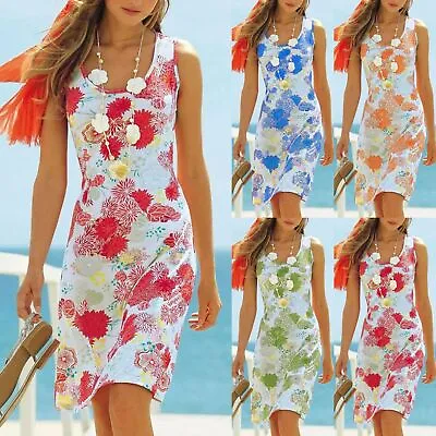 $6.59 • Buy Summer Womens Ladies Beach Casual Loose Sleeveless Sundress Floral Print Dress