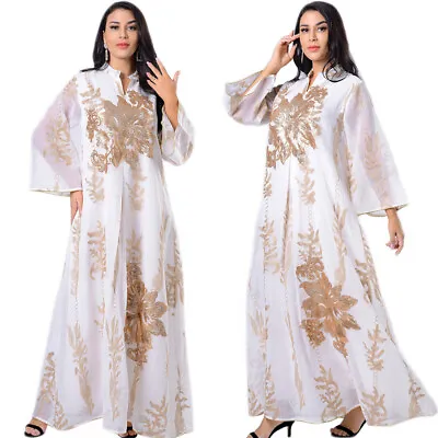 Moroccan Sequins Abaya Women Muslim Long Maxi Party Dress Robe Arab Kaftan Gown • $48.98