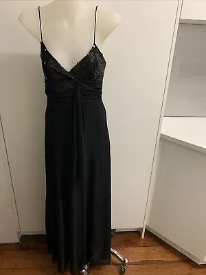 Sz 8 S Black Maxi Dress Sequin Bodice Spaghetti Straps Evening Dress Sheer Over • $12.50
