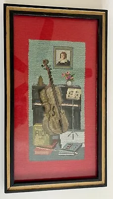 Vintage Large Needlepoint Framed Glass Music Room Cello Piano • $100