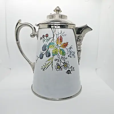 Vintage Large Enamelware Teapot White Silver Floral Bent Knob Metal 11in • £38.59