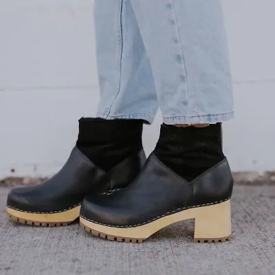 MIA Josi Platform CLOGS Boots Size 8 Black Leather Sheep Fur Wooden Heel NEW • $86