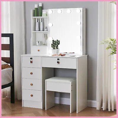 White Vanity Dressing Table With 10 LED Lighted Mirror Stool Lady Makeup Desk UK • £144.76