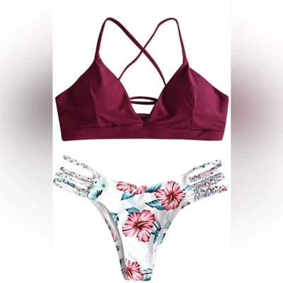 $14.99 • Buy NWT Zaful Bikini Size Small Floral White And Wine Red Criss Cross Tie Back
