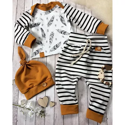 Newborn Baby Boy Girl Feather T Shirt Tops Striped Pants Clothes Outfits Set AU • $18.50