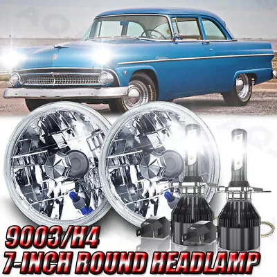 7  Stock Glass Lens Metal Headlight12v -Volt 6k LED H4 Light Bulb Headlamp Pair • $125.99