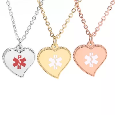 CUSTOM ENGRAVE Medical ID Stainless Heart Pendant Necklace Rose Gold Silver • $24.97