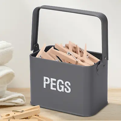 Peg Storage Tin Metal Handle Laundry Storage Caddy Kitchen Washing Steel Grey • £9.99