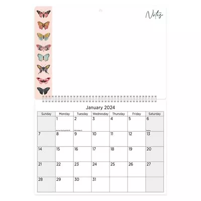 2024 Wall Calendar Monthly Memo Illustrated Family Organiser With Pen Butterfly • £2.99