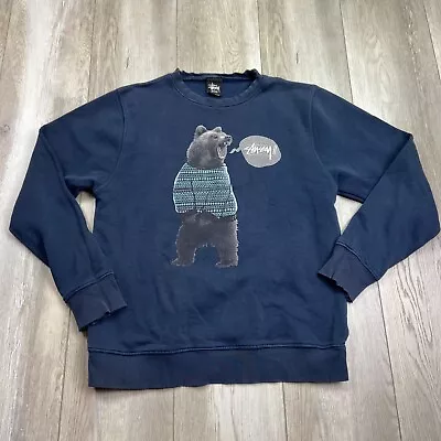 VINTAGE Stussy Sweater Mens Medium Blue Bear Streetwear Distressed USA MADE * • $38.83