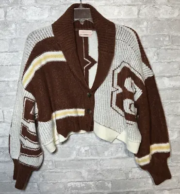 Urban Outfitters Leighton Varsity Knit Crop Cardigan Brown & White Size Medium • $18