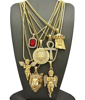 Hip Hop Ruby 2 Angels Jesus Lion Medusa Ankh Pendant 7 Necklace Set RC1835G • $116.99