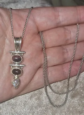 £26 • Buy Sterling Silver Triple Gemstone Pendant Necklace,  Moonstone Garnet And Amber