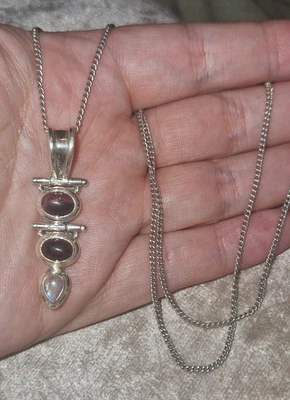 £26 • Buy Sterling Silver Triple Gemstone Pendant Necklace,  Moonstone Garnet And Amber
