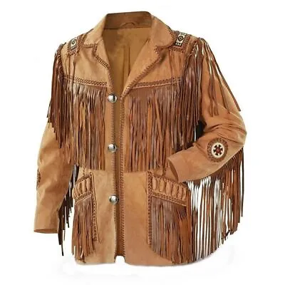 £49.99 • Buy Men American Native Western Cowboy Suede Leather Jacket Fringed - Beaded