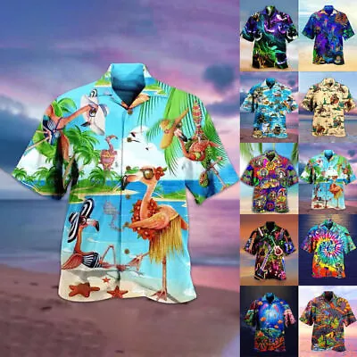 Mens Hawaiian Shirts Summer Holiday Beach Palm Tree Beach Party Fancy Dress Tops • £13.29