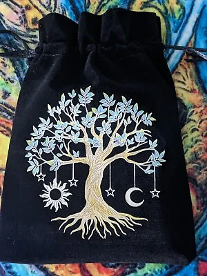 Velvet Drawstring Storage Bag - Tarot Crystals Runes  Crystal Hung Tree Design • £6.25