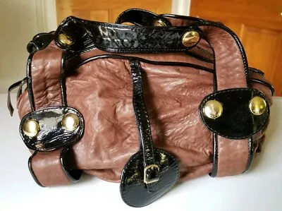 Gustto Brown Leather Textured Handbag With Black Patent Leather Trim  • $35.59