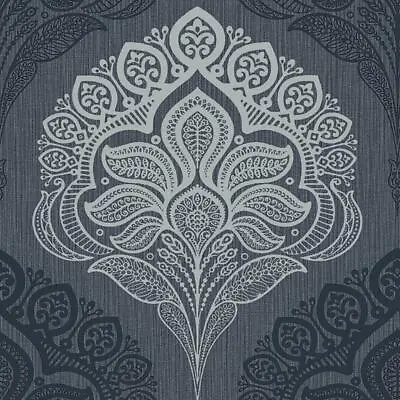 Grey Navy Silver Luxury Oria Damask Vinyl Textured Wallpaper Belgravia Décor • £16.49